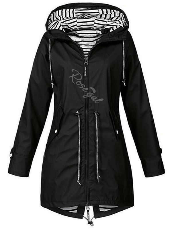 

Plus Size Drawstring Striped Full Zip Coat, Black