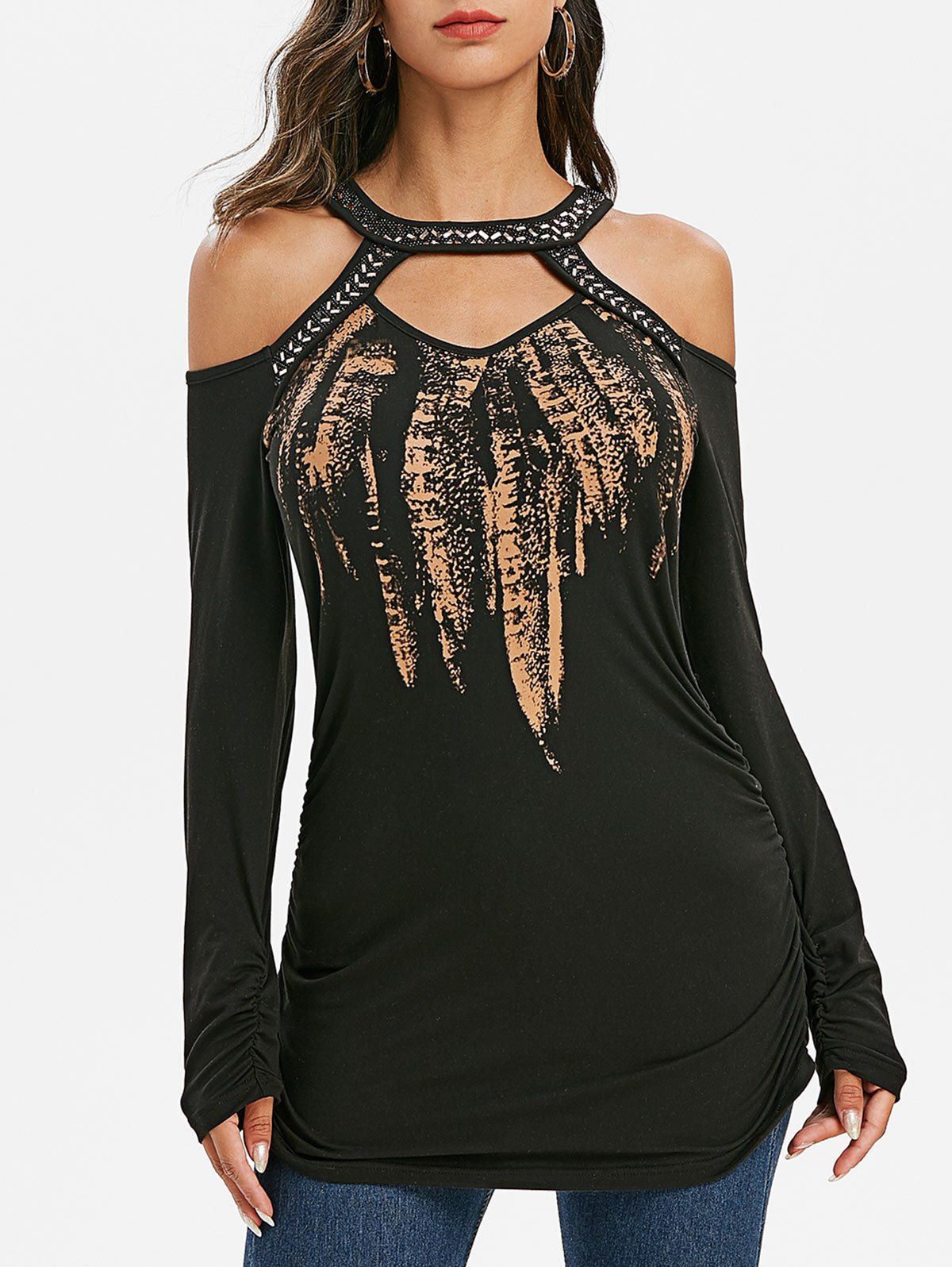 

Metallic Feather Print Cold Shoulder Ruched Tee, Black
