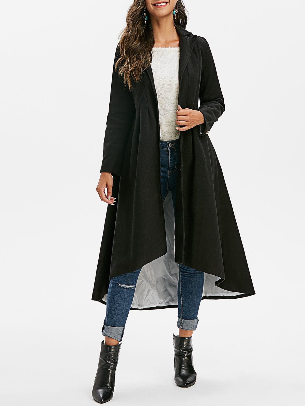 

Mock Button Solid High Low Coat, Black