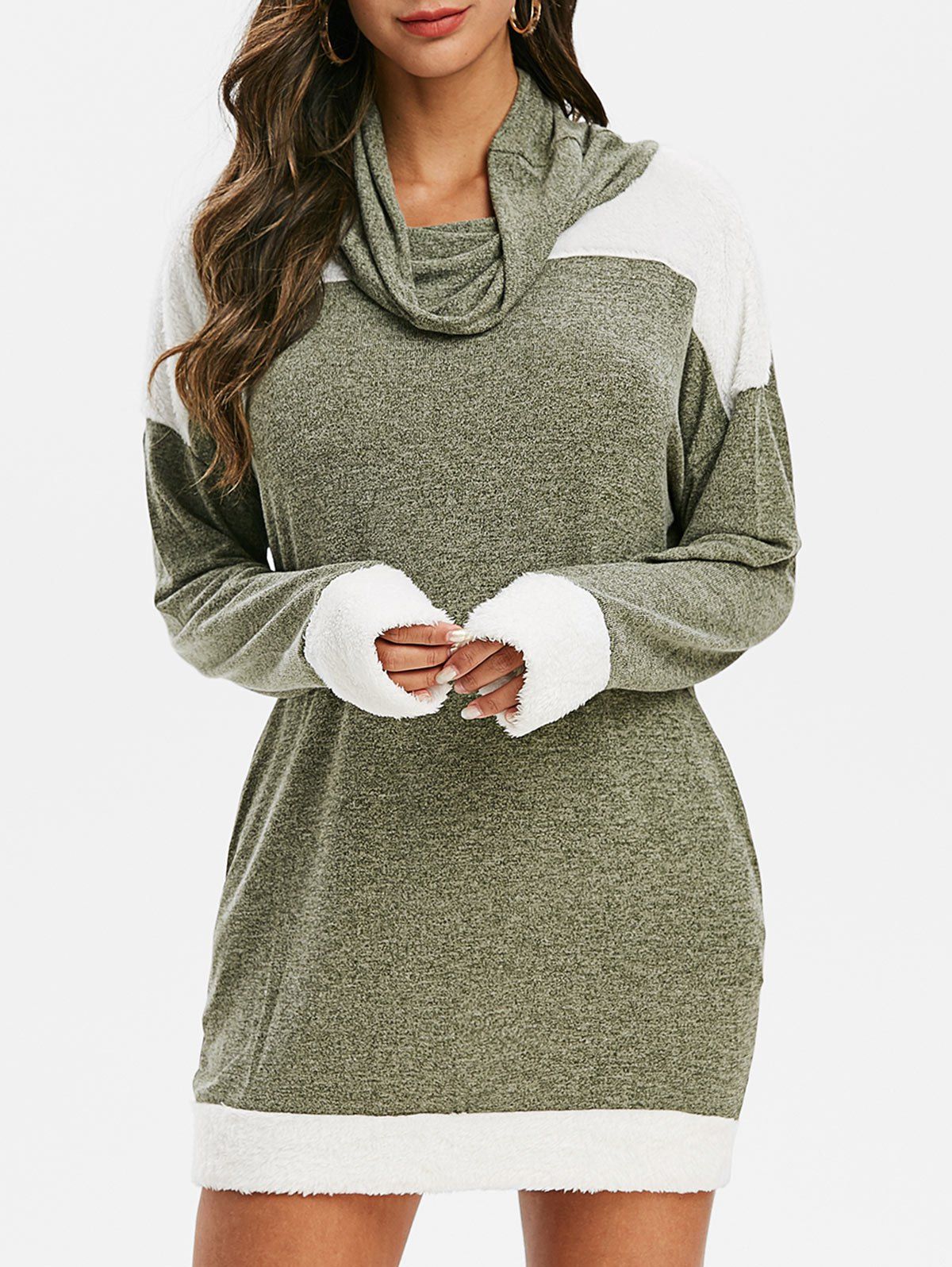 

Cowl Neck Faux Fur Trim Heathered Knitted Dress, Camouflage green