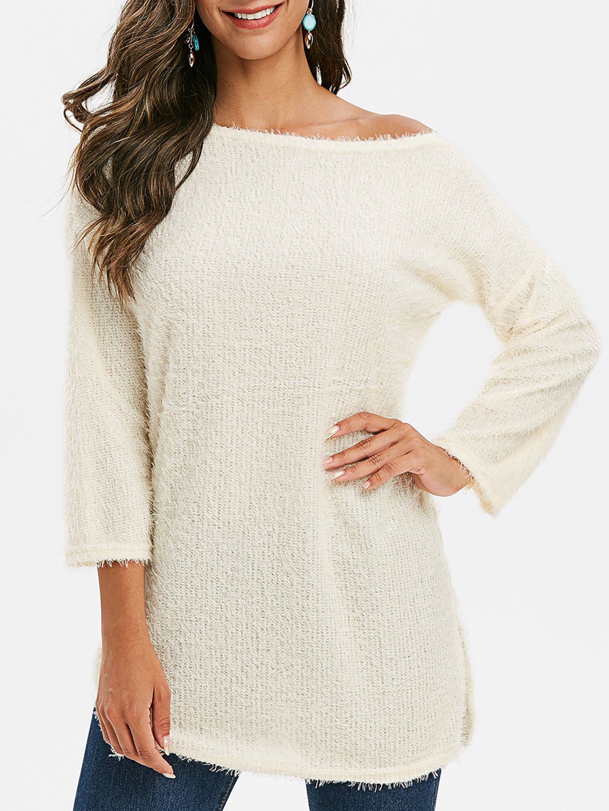 

Skew Neck Side Slit Longline Knitwear, Blanched almond
