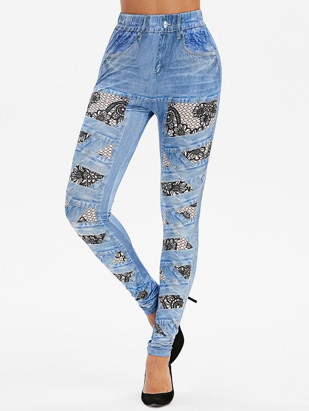 

High Waist 3D Crisscross Lace Print Jeggings, Blue koi