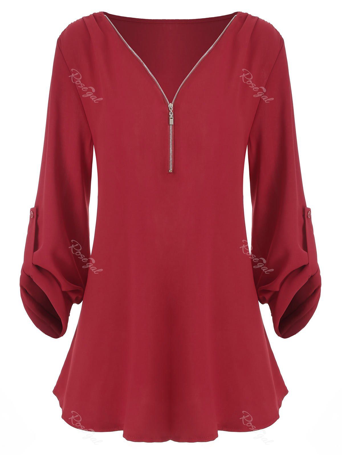

Half Zip Tab Sleeve V Neck Plus Size Blouse, Red