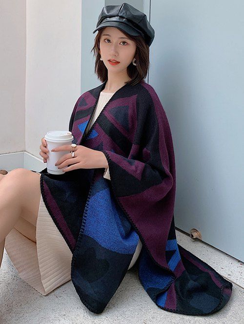 

Striped Colorblock Split Open Front Poncho Cape, Purple