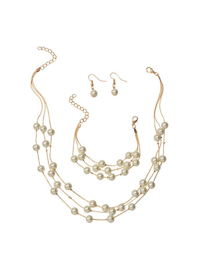 

Pearls Layered Chain Necklace Earrings Bracelet Set, Gold