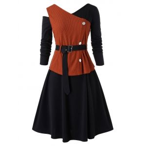 

Plus Size Skew Neck A Line Dress With Belted Top Set, Black