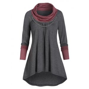

Chain Embellished Contrast Heathered High Low T-shirt, Gray