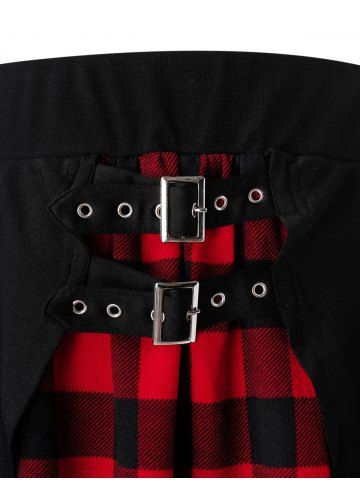 

Plus Size Plaid High Low Overlap Grommet Buckle Skirt, Black
