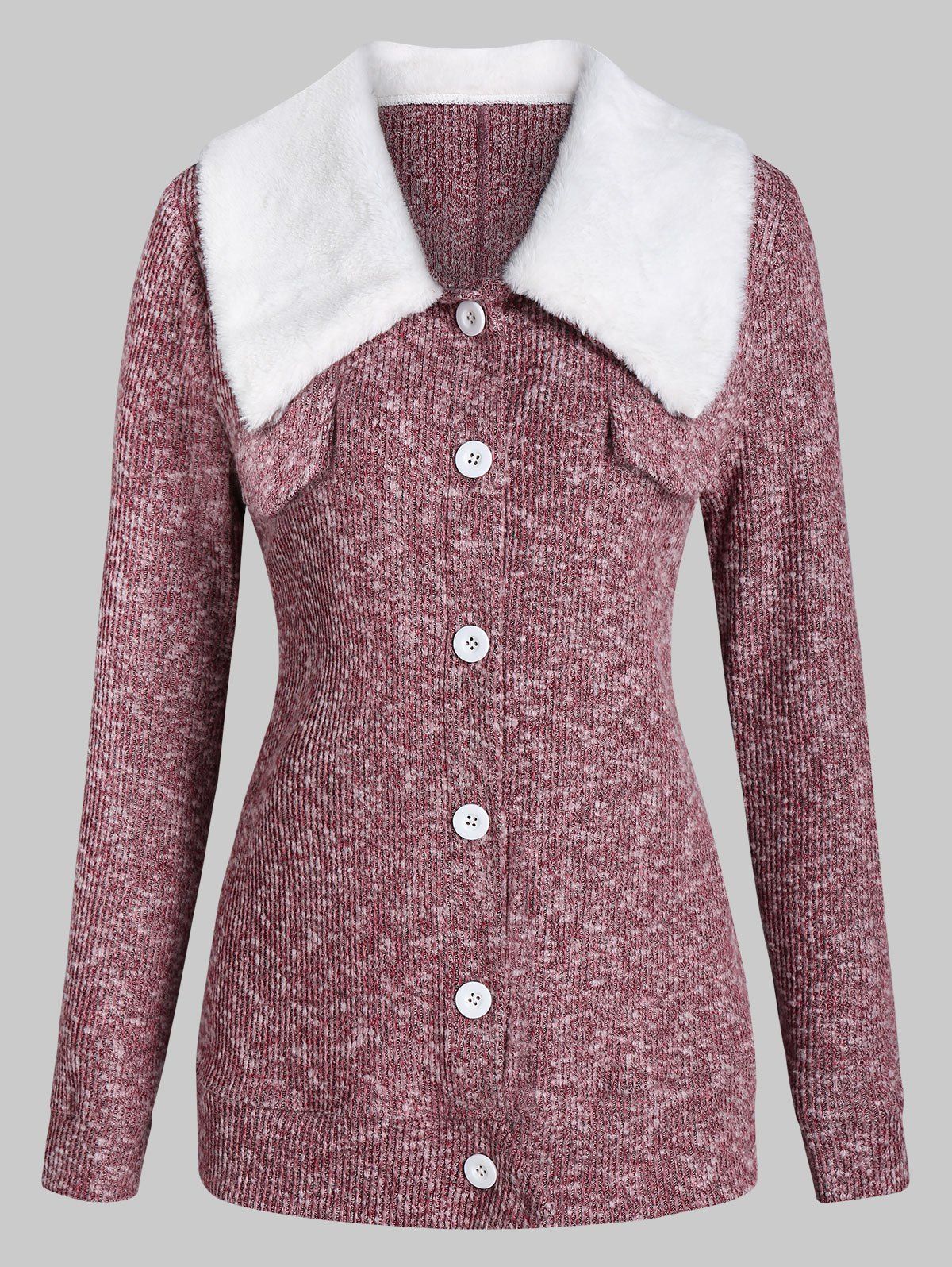 

Faux Fur Collar Button Cardigan, Red wine