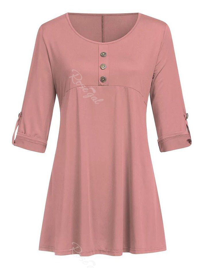 

Plus Size Buttoned Roll Up Sleeve T Shirt, Pink