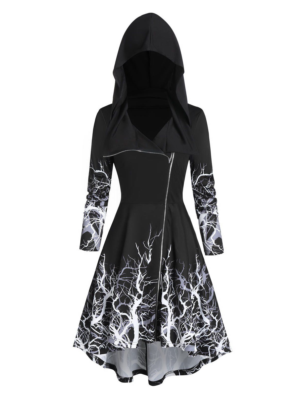 

Halloween Tree Print High Low Hooded Coat, Black