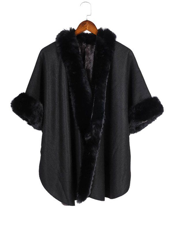 

Open Front Faux Fur Poncho Cape, Black