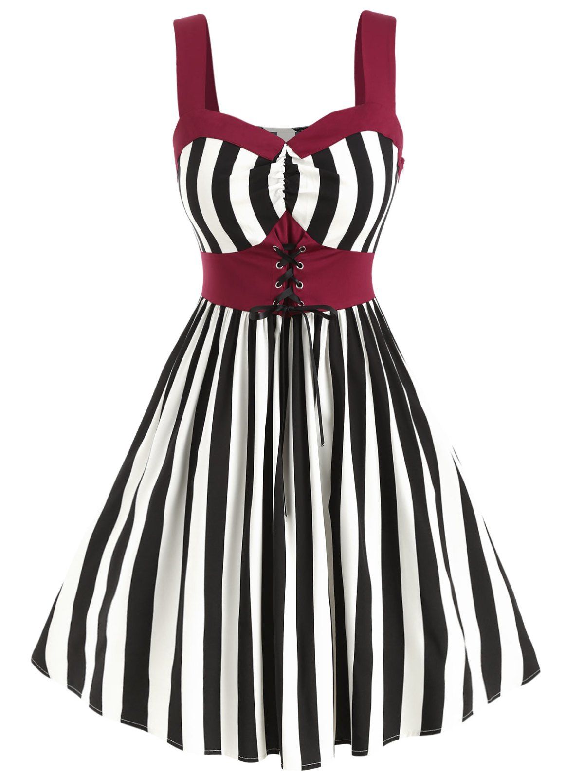 

Plus Size Lace-up Striped Vintage Dress, White