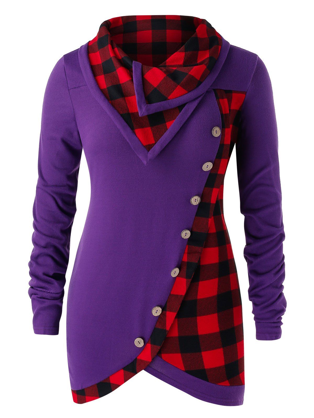 

Plus Size Skew Button Plaid Spliced Tulip Front T-shirt, Dark violet