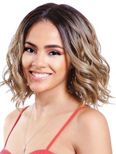 

Human Hair Short Wavy Bob Lace Front Wig, Light brown