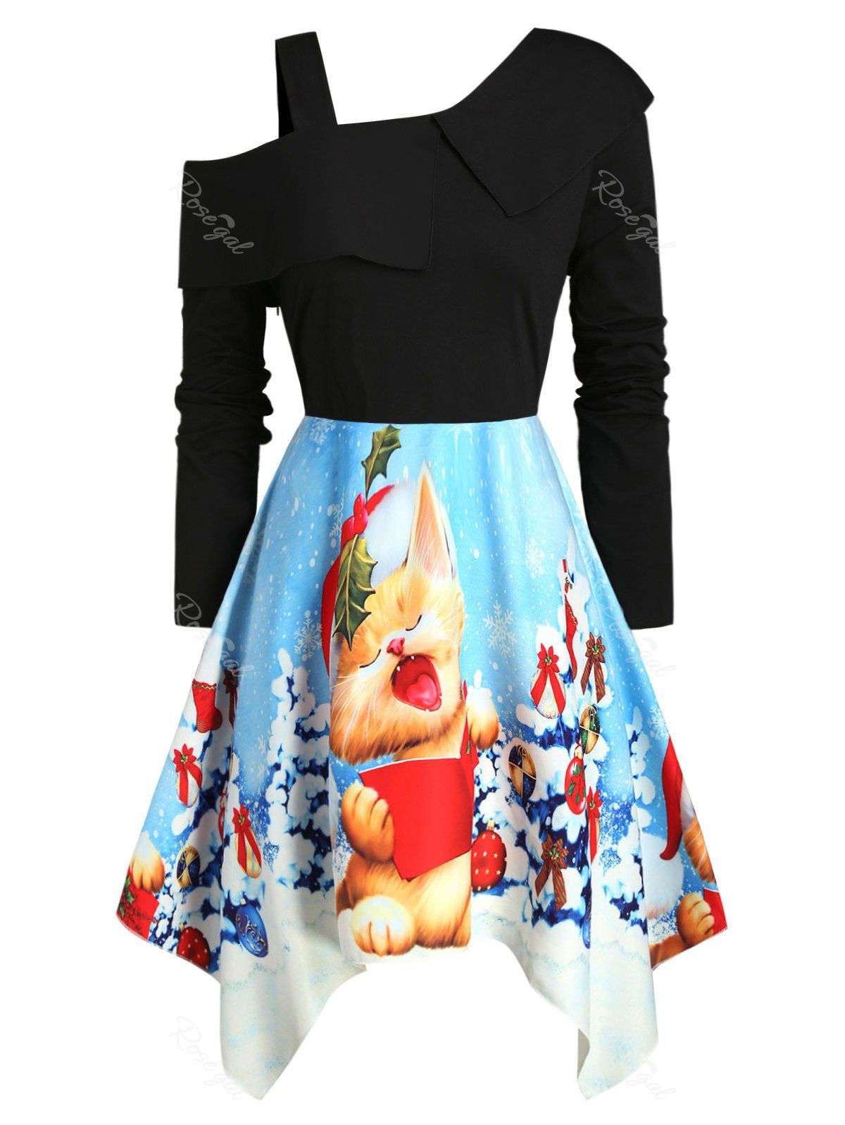 

Plus Size Christmas Printed Skew Neck Handkerchief Dress, Day sky blue