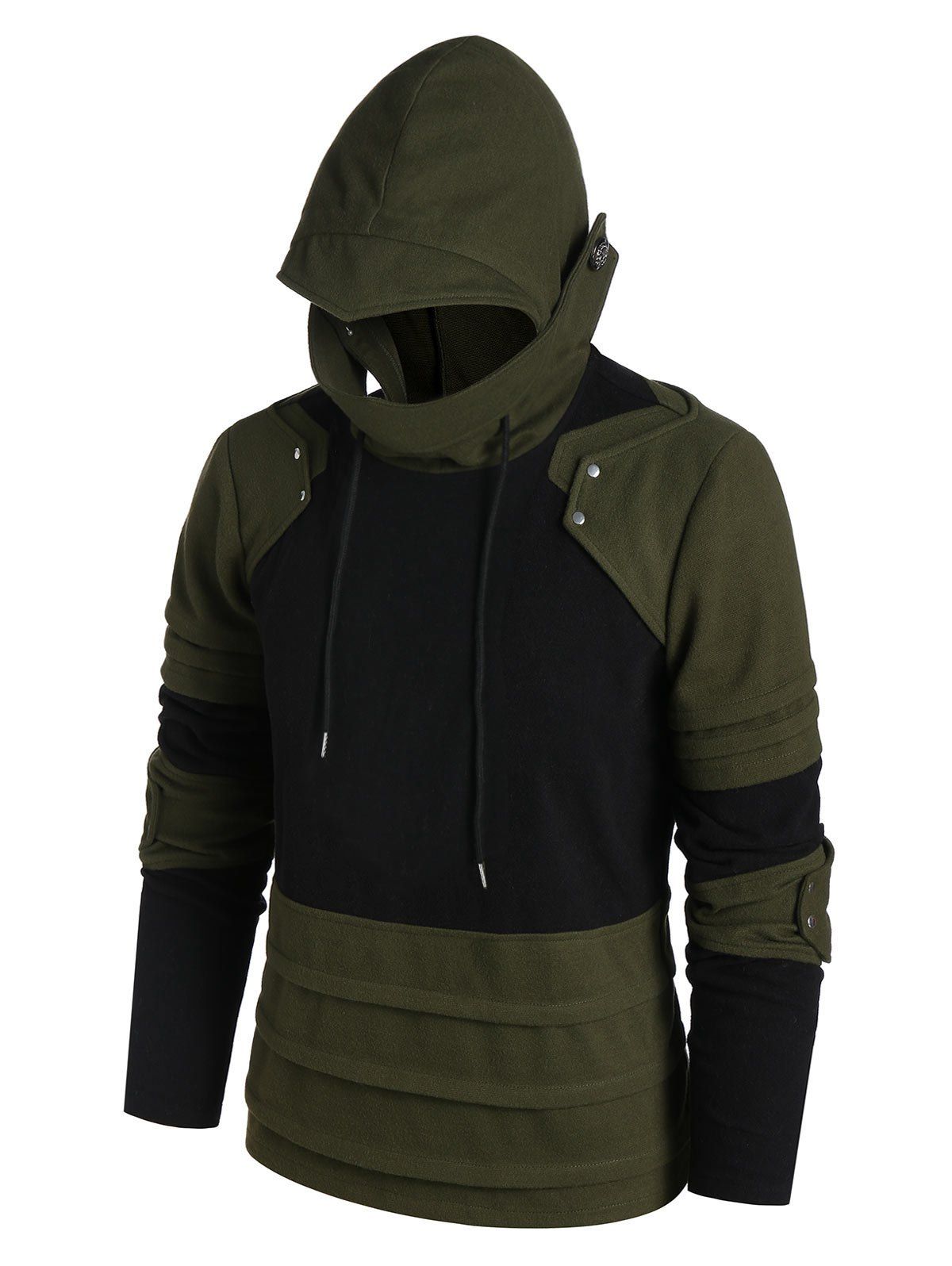 

Drawstring Button Embellished Contrast Mask Hoodie, Black