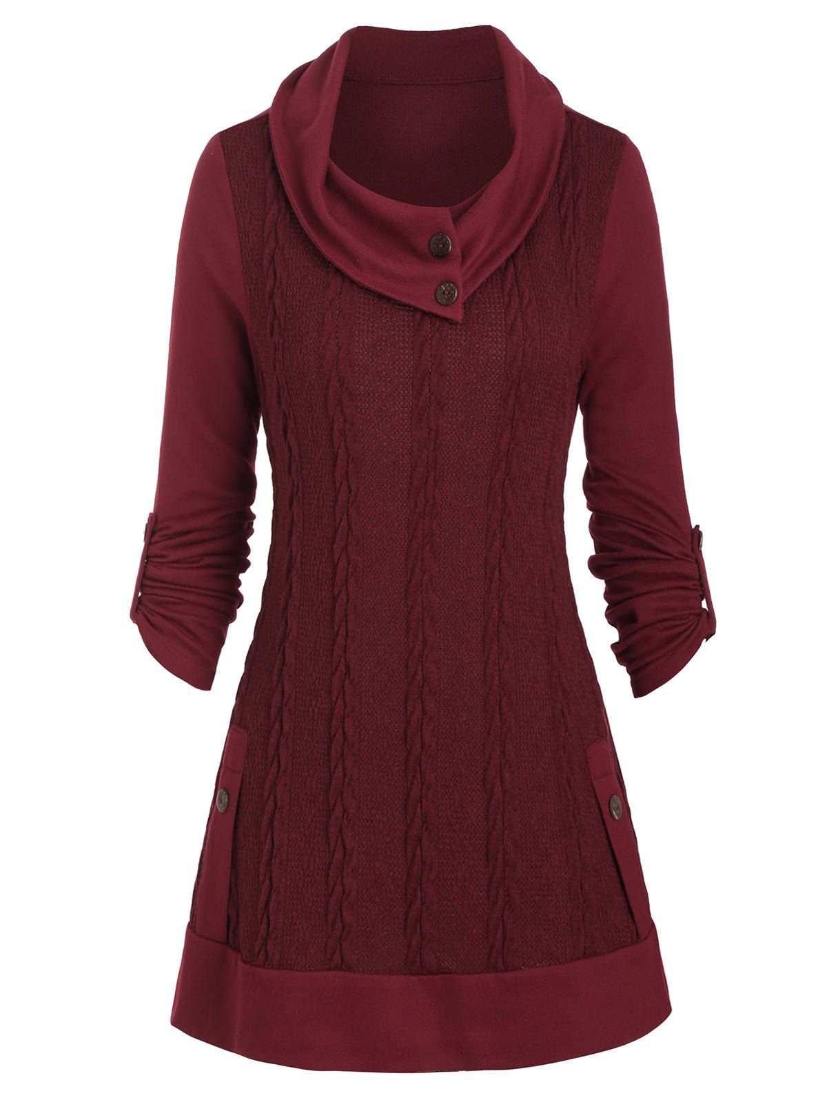 

Cowl Neck Mock Button Longline Sweater, Red