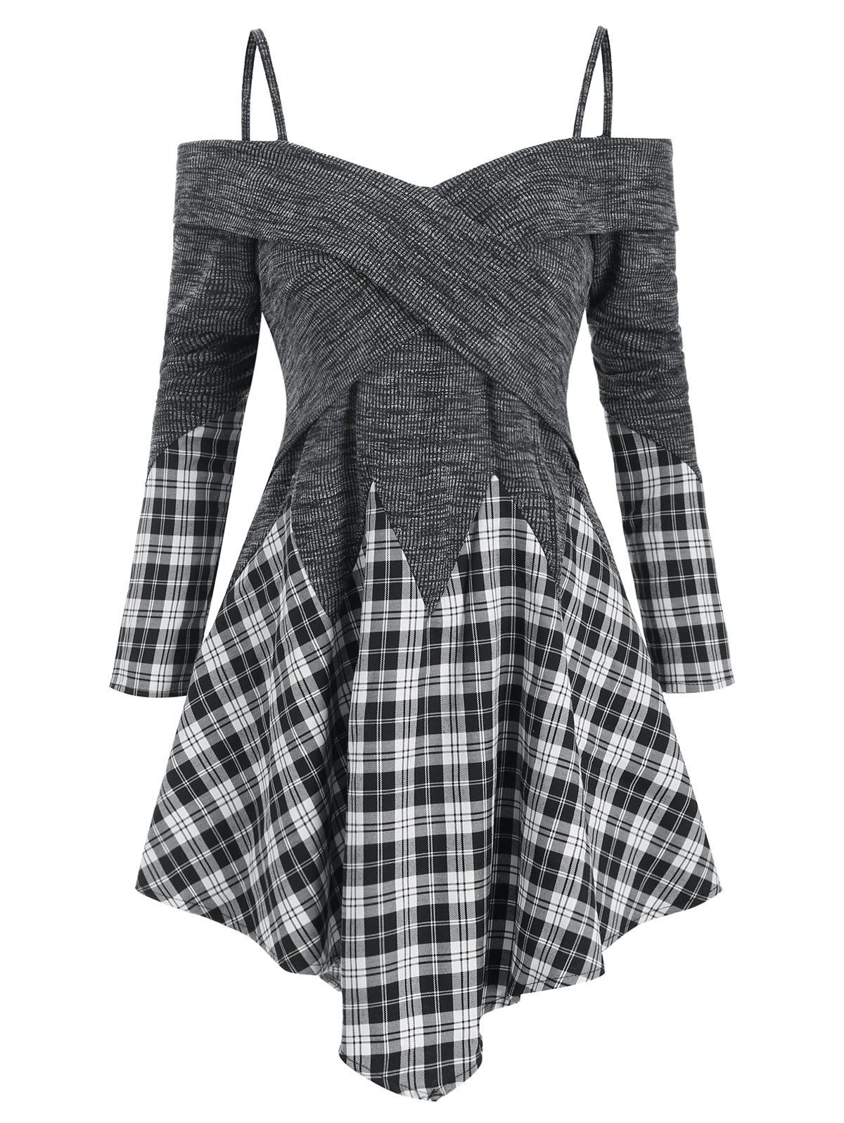 

Plaid Panel Cold Shoulder Asymmetric Cami Top, Carbon gray