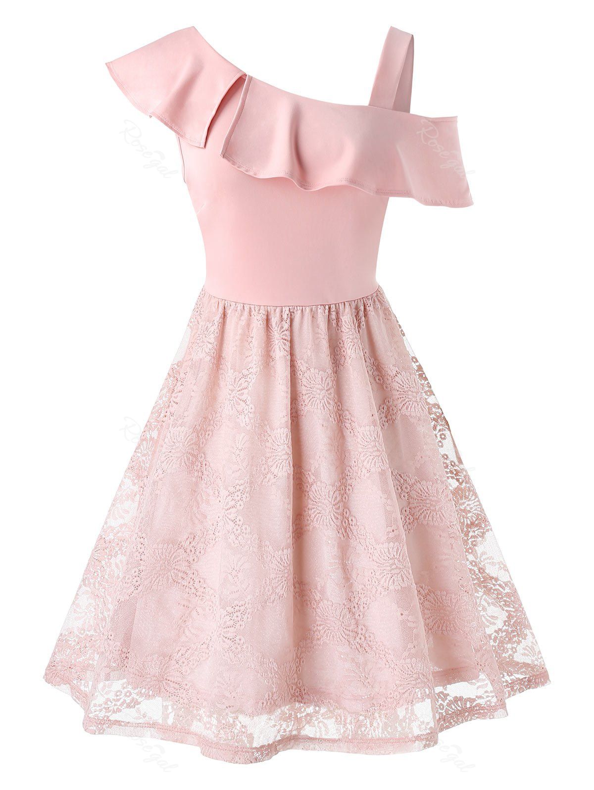 

Plus Size Lace Flounce Skew Collar A Line Party Dress, Rose