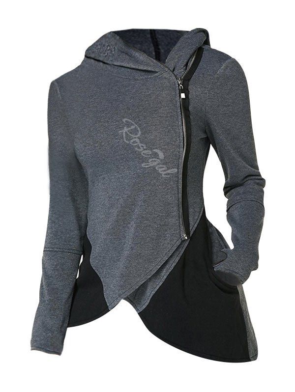 

Plus Size Hooded Inclined Zipper Thumbhole Cardigan, Gray