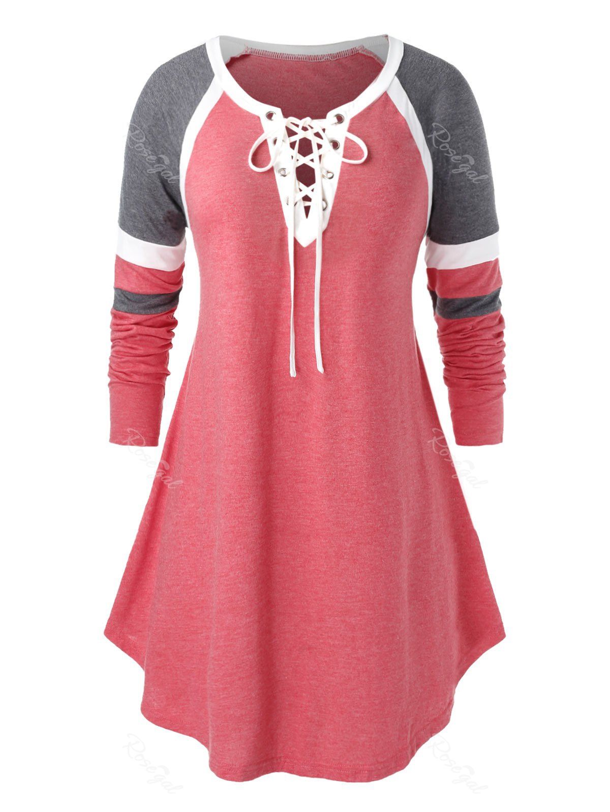 

Plus Size Lace Up Long Sleeve Splicing T-Shirt, Watermelon pink