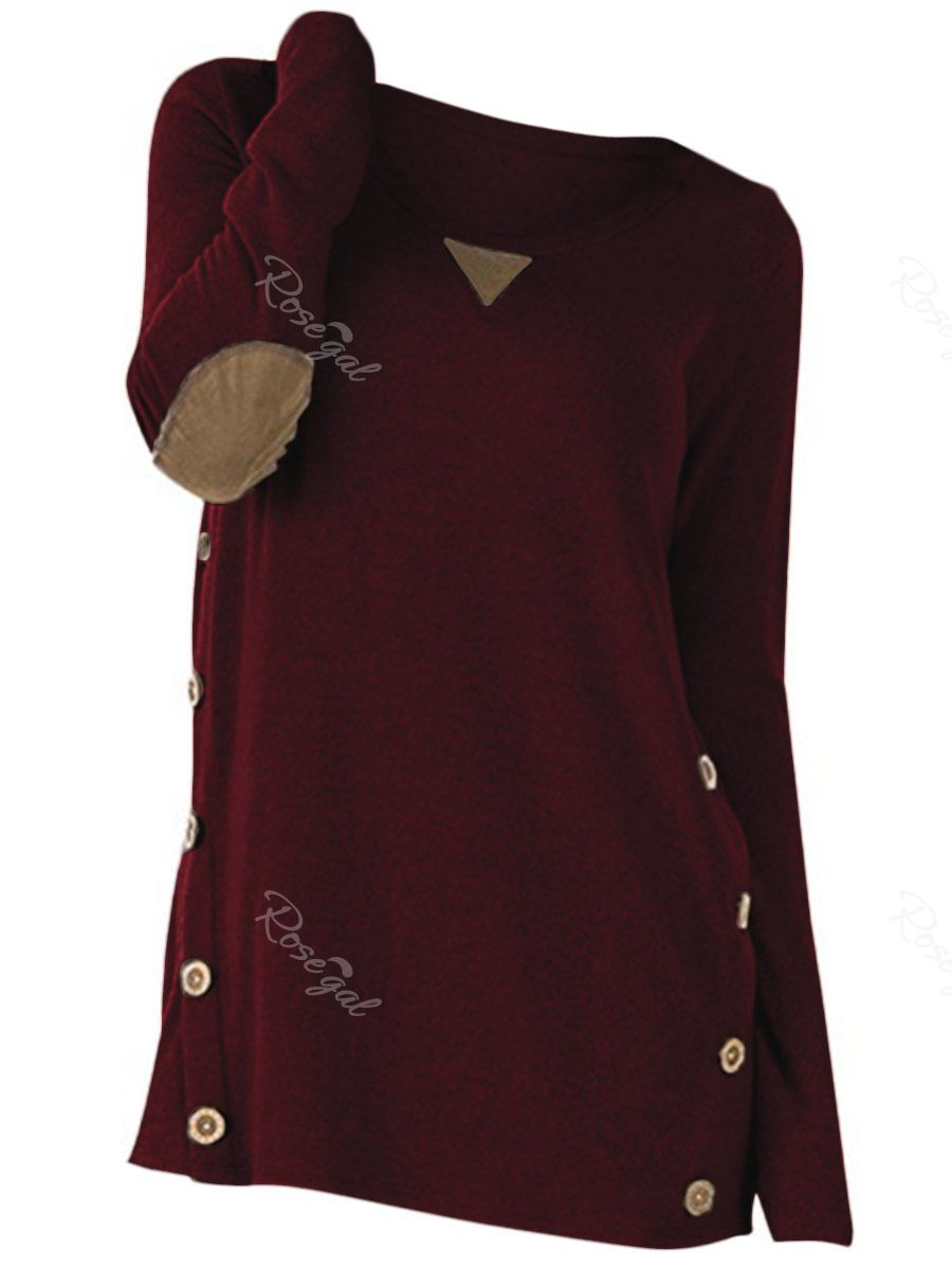 

Plus Size Buttons Heathered Elbow Patch T Shirt, Red wine
