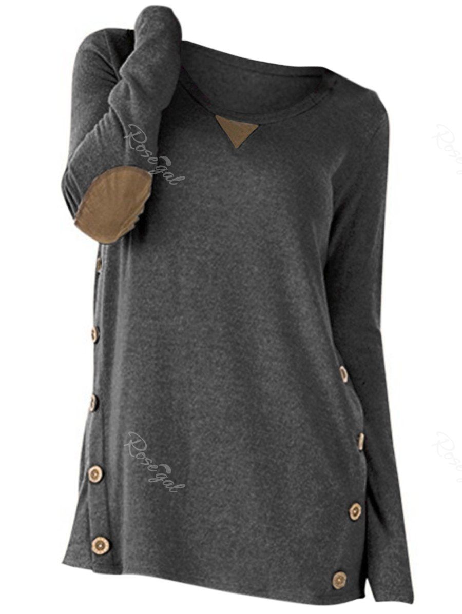 

Plus Size Buttons Heathered Elbow Patch T Shirt, Gray