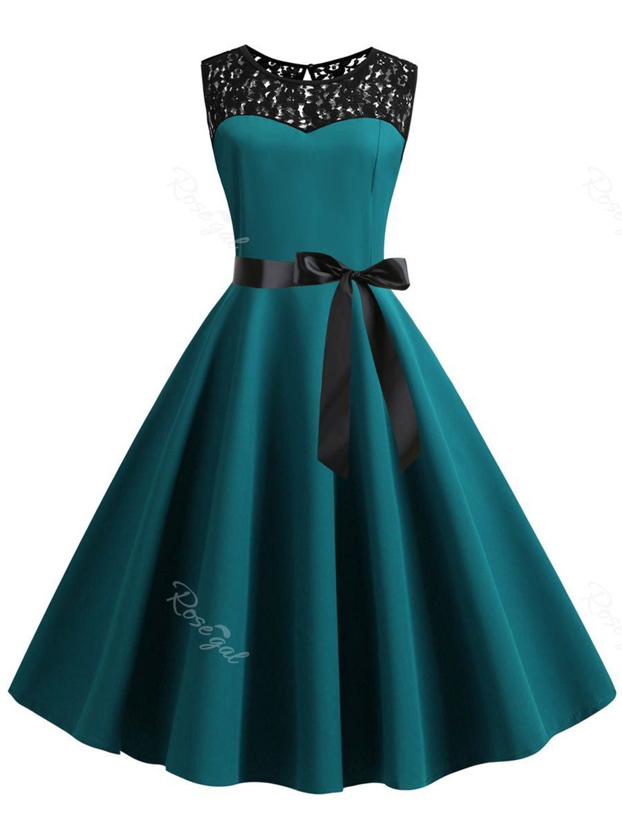 

Plus Size Vintage Lace Insert Swing Dress, Peacock blue