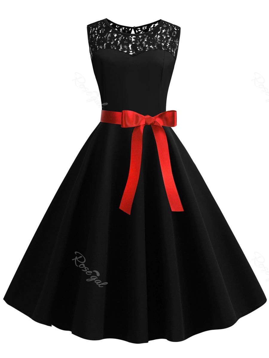 

Plus Size Vintage Lace Insert Swing Dress, Black