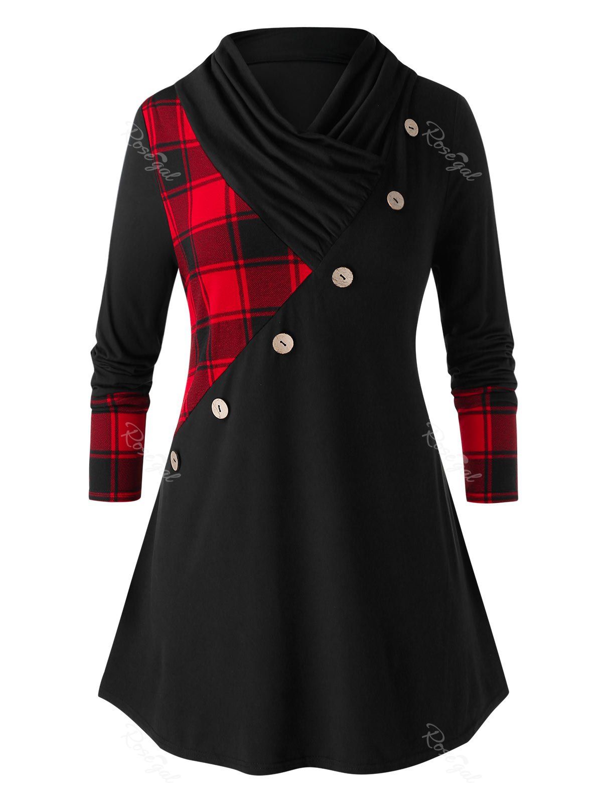 

Plus Size Cowl Neck Plaid T-Shirt, Black