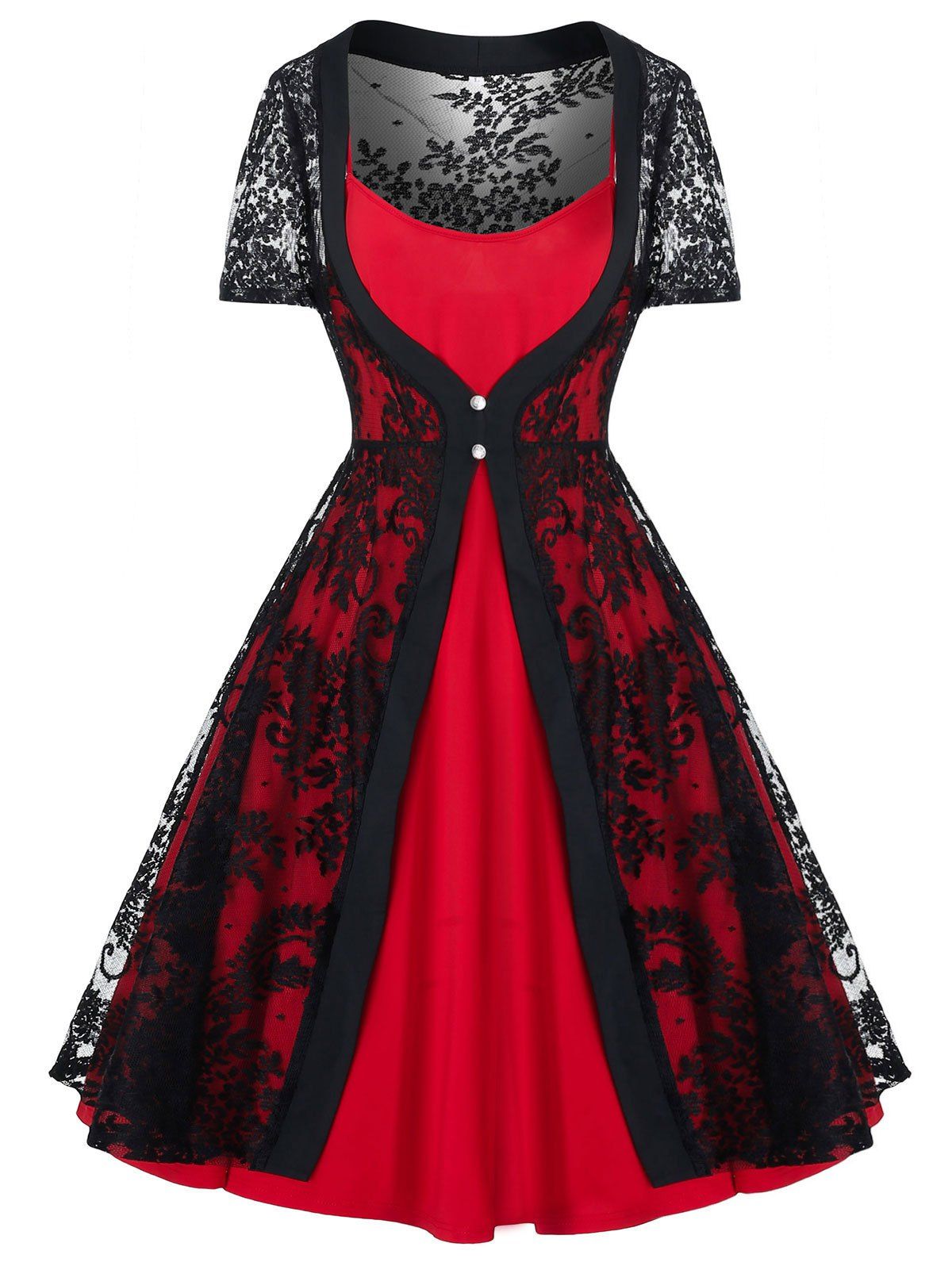 

Plus Size Retro Swing Dress With Lace Cardigan Set, Red