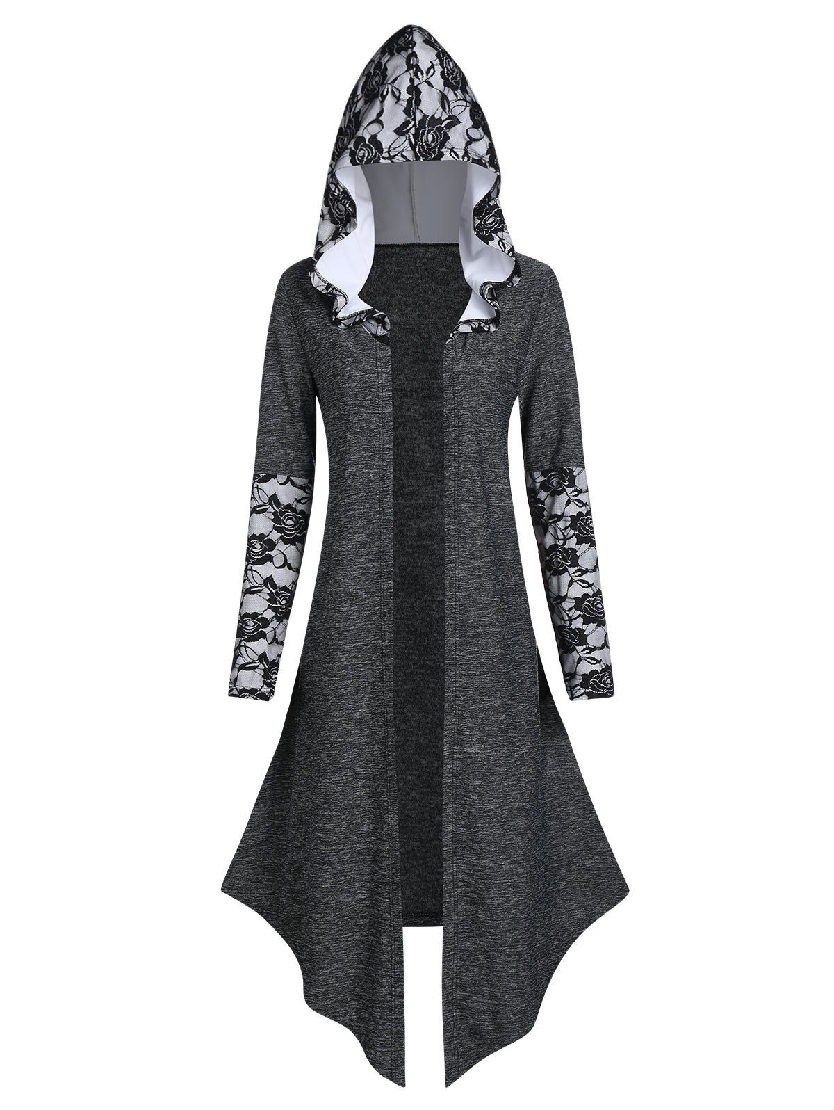 

Flower Lace Hood Open Front Asymmetric Coat, Black