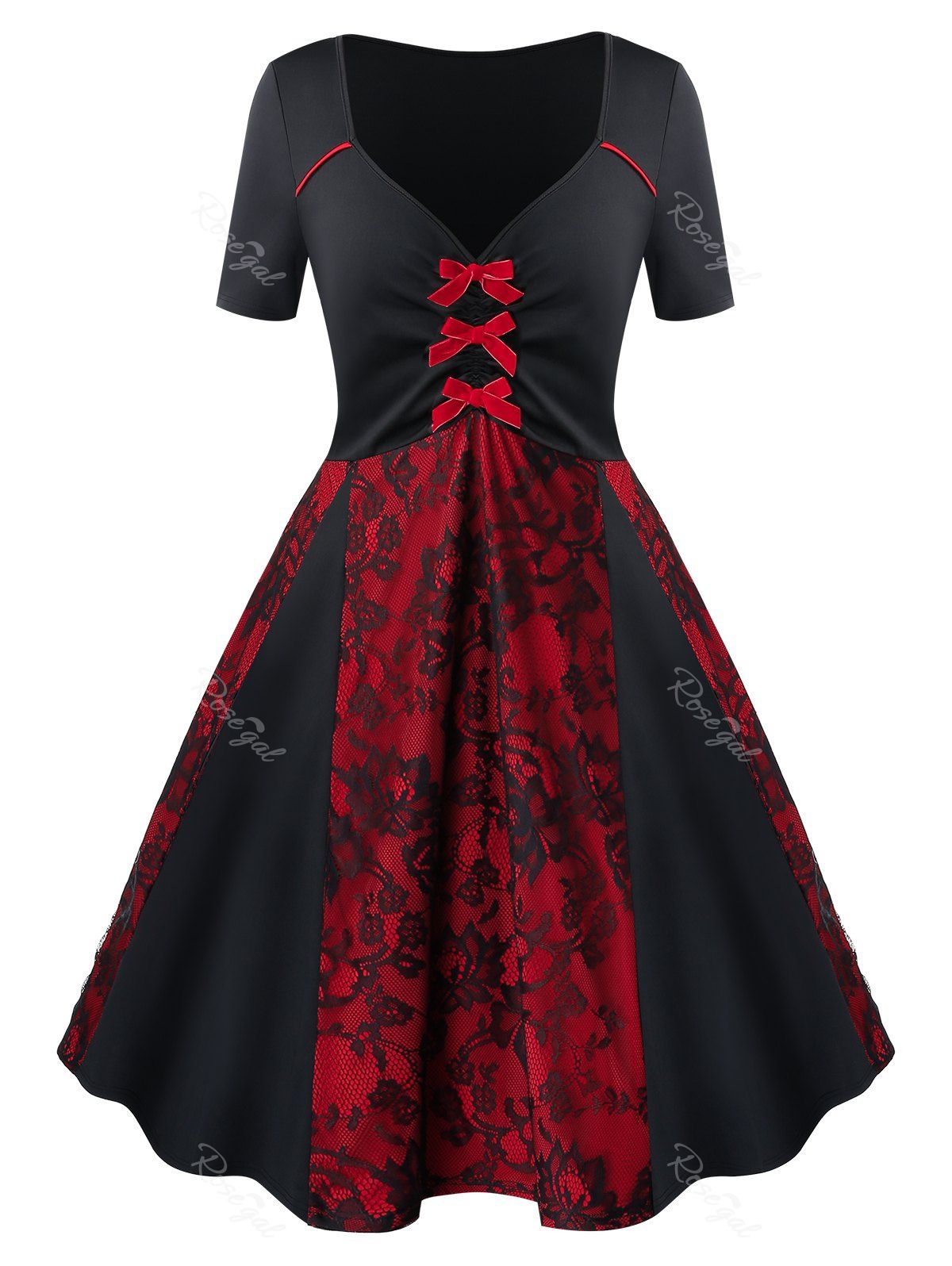 

Bowknot Two Tone Lace Panel Fit And Flare Dress, Black