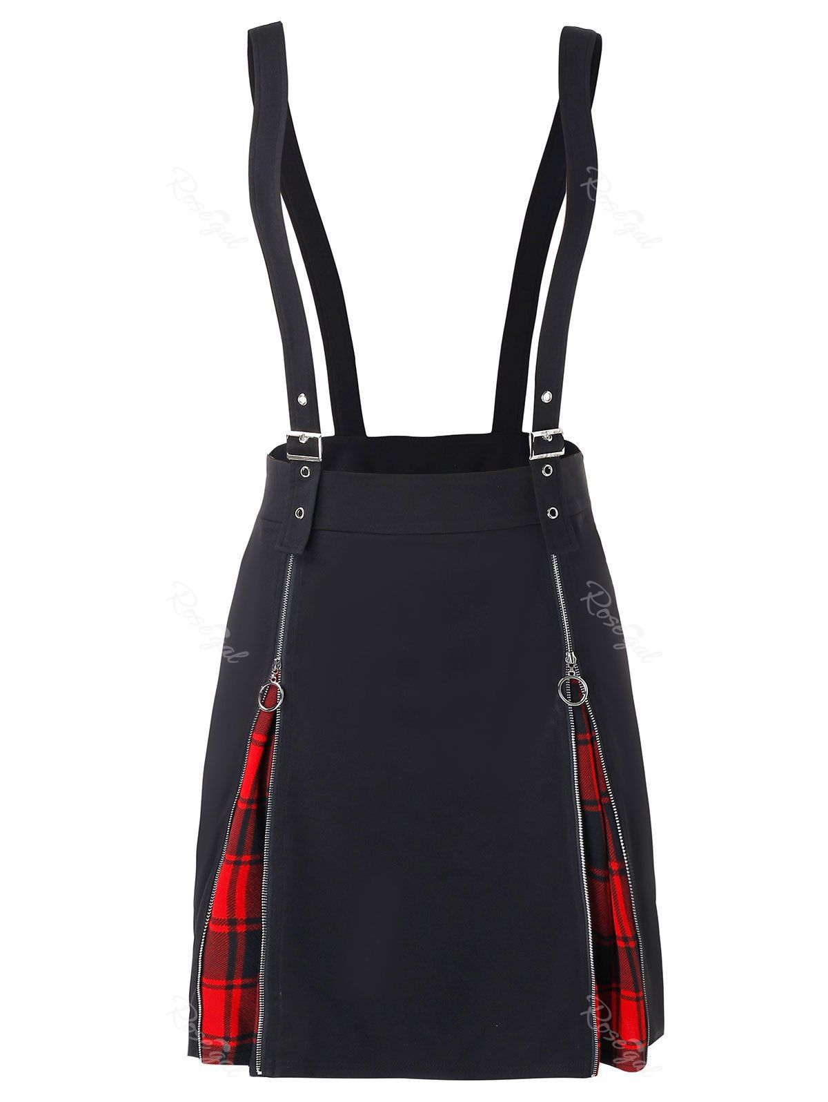 

Plus Size Plaid Buckles Zippered Suspender Skirt, Black