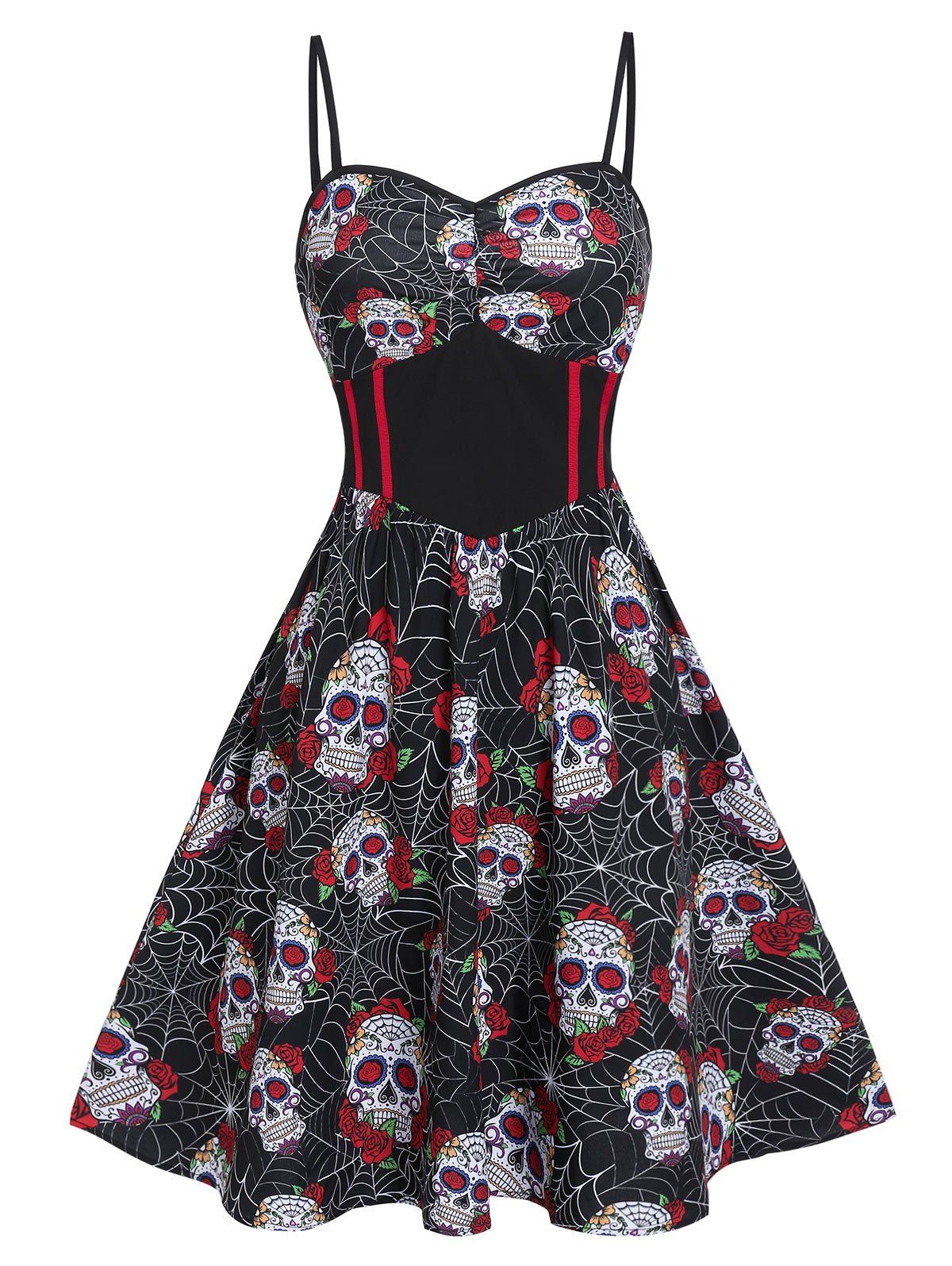 

Skull Flower Print Sweetheart Neck Slip Dress, Black