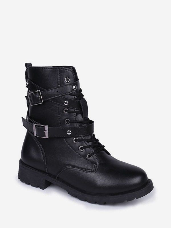

Dual Buckle Lace Up Combat Short Boots, Black