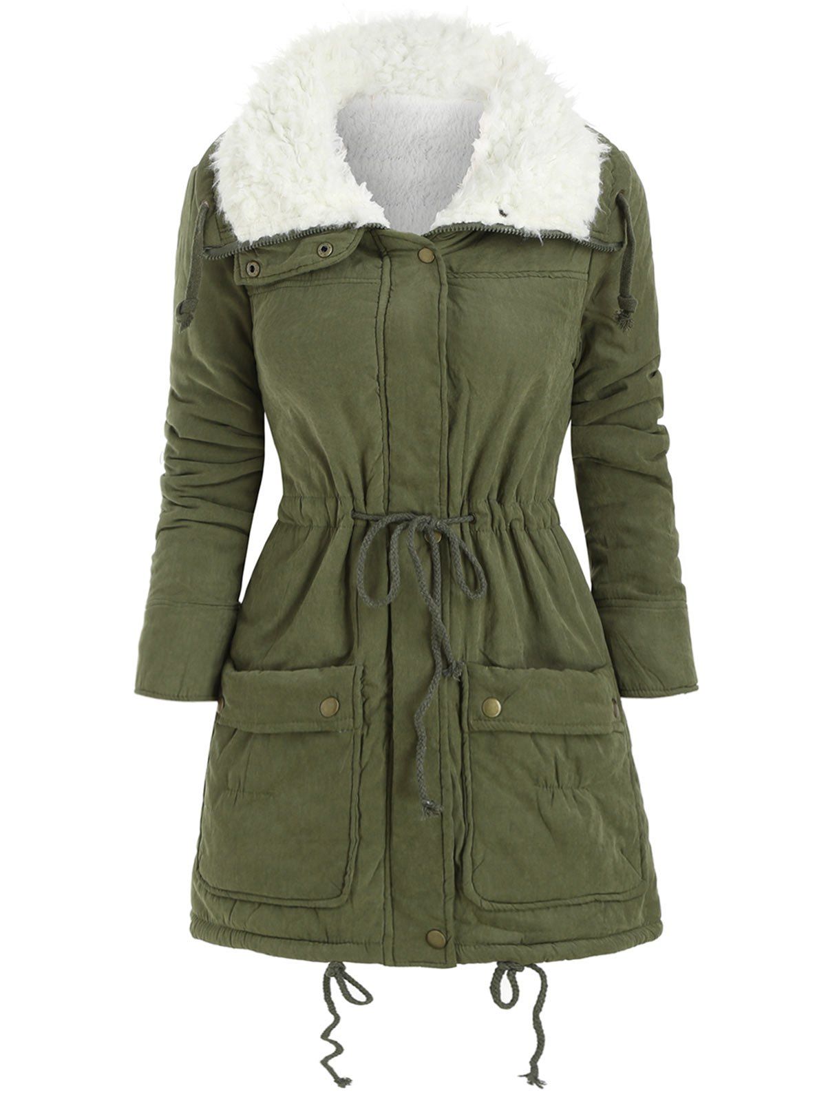 

Faux Shearling Lining Waist Drawstring Coat, Army green
