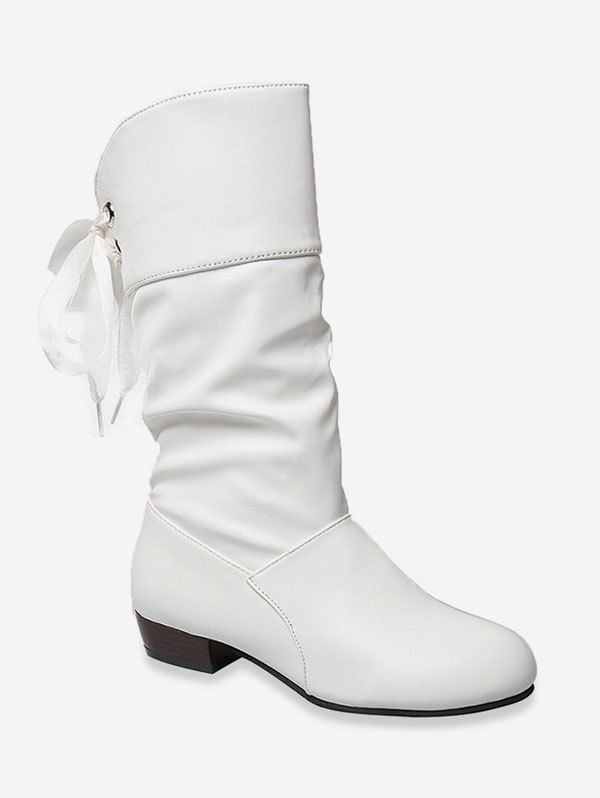 

Tie Back PU Leather Mid Calf Boots, Natural white