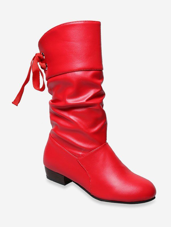 

Tie Back PU Leather Mid Calf Boots, Red