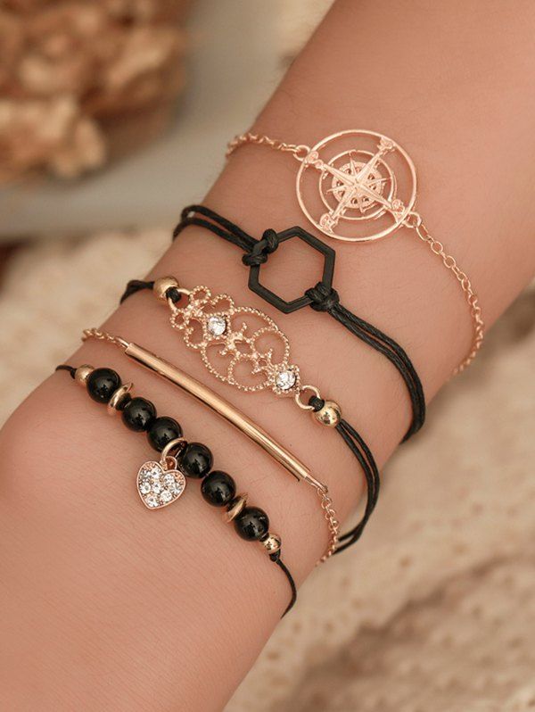 

5Pcs Hollow Geometric Heart Bracelet Set, Gold