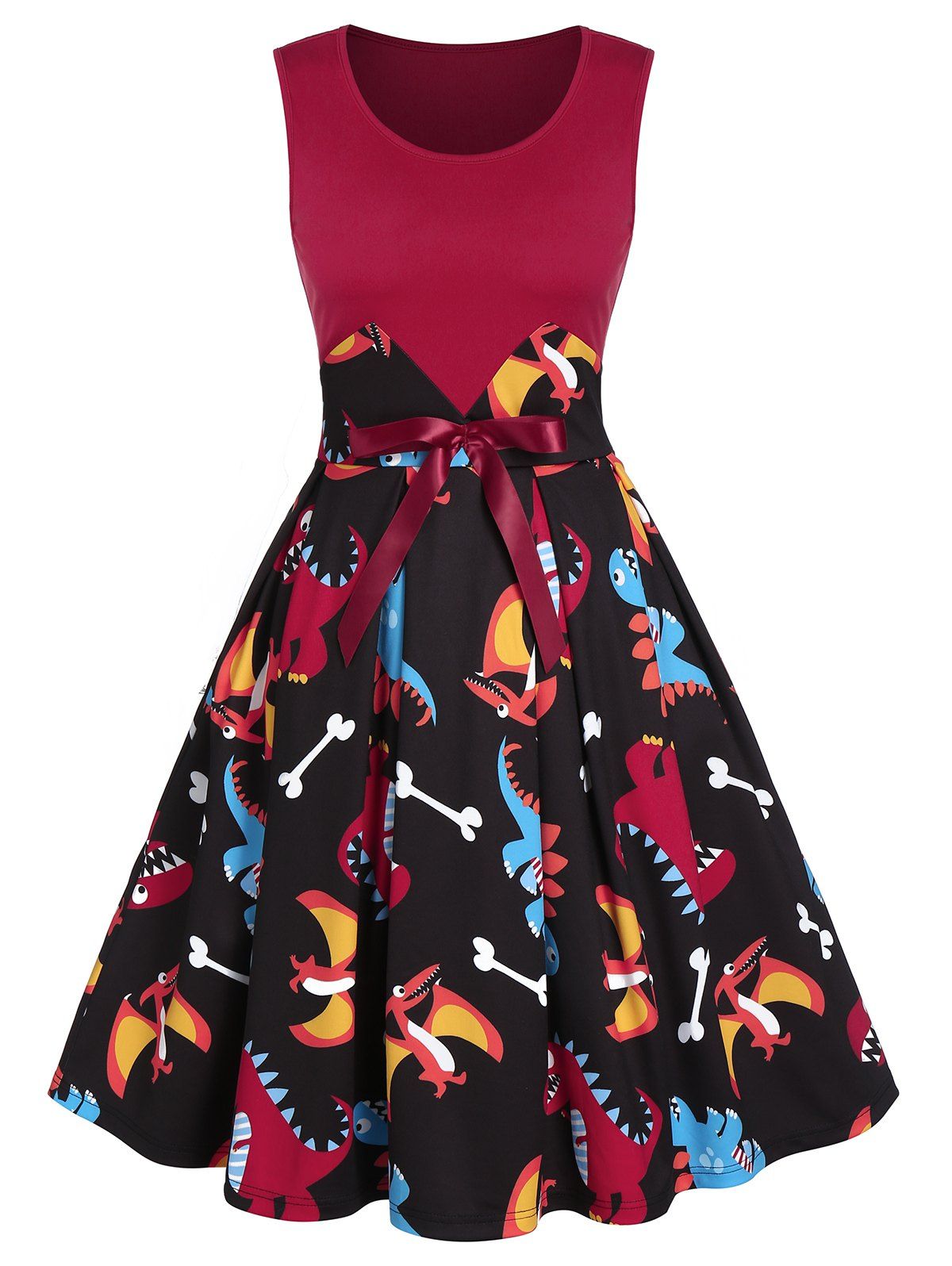 

Dinosaur Printed Bowknot Patchwork A Line Dress, Black