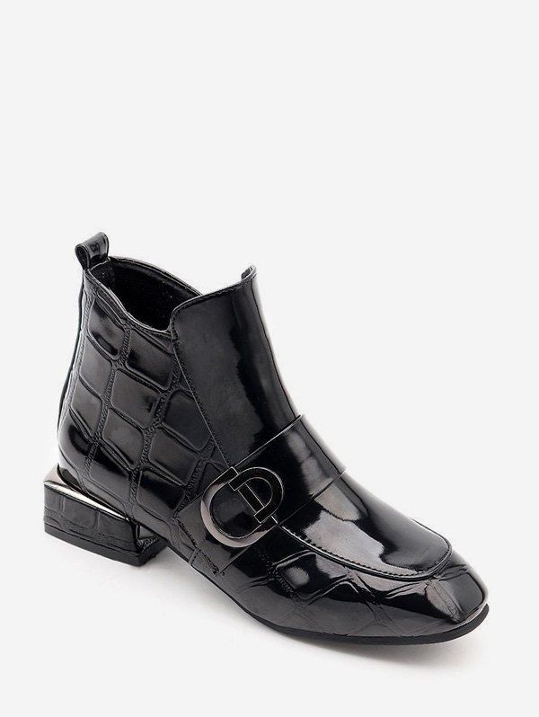 

Geometric Embossed Square Toe Block Heel Short Boots, Black