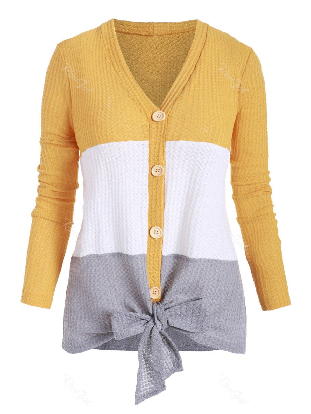 

Button Front Tie Front Colorblock Plus Size Cardigan, Yellow
