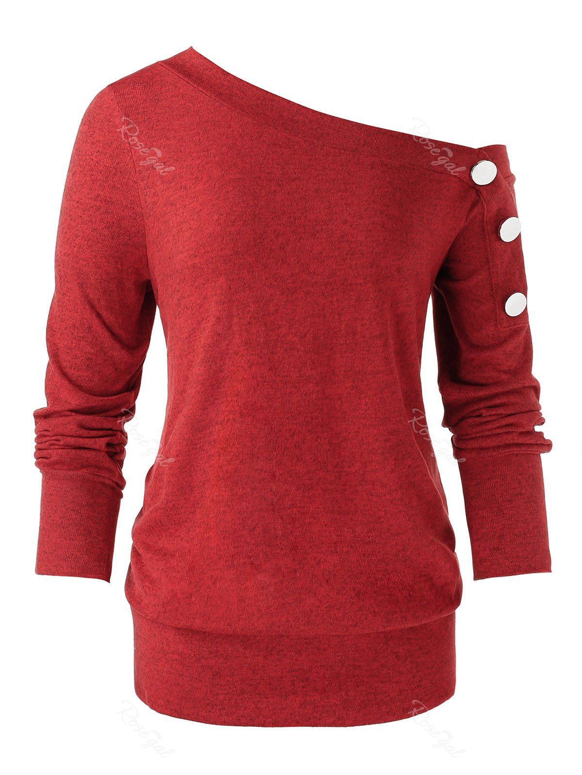 

Plus Size Skew Collar Button Sweater, Red