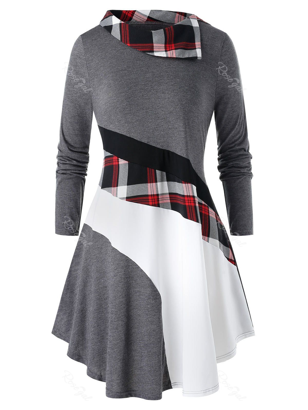 

Plus Size Color-blocking Plaid Long Sleeve Tunic Tee, Multi