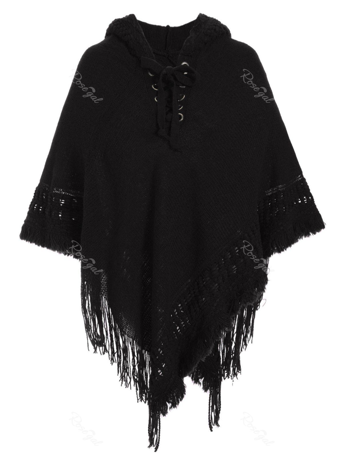 

Hooded Fringed Lace Up Plus Size Poncho Sweater, Black