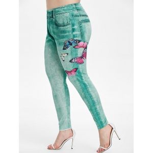 

Plus Size Butterfly Print Skinny 3D Jeggings, Macaw blue green