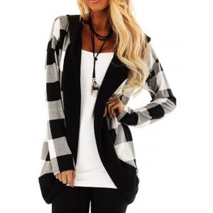 

Hooded Plaid Open Front Cardigan, Black