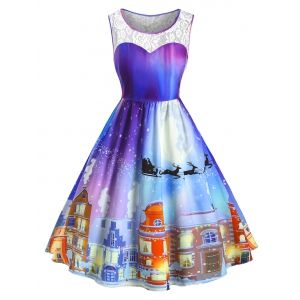 

Plus Size Christmas Vintage Castle Print Party Dress, Silk blue